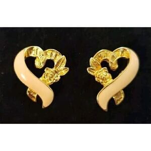 Avon Signed Pink Enamel Breast Cancer Ribbon Heart Pierced Earrings In Gold Tone
